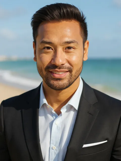 Professional headshot with navy suit